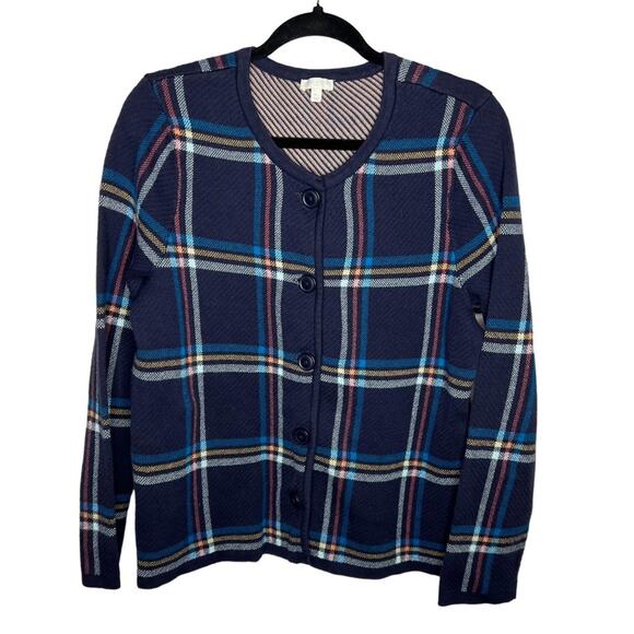 TALBOTS / blue pink plaid button up cardigan sweater / XL petite - Picture 1 of 6